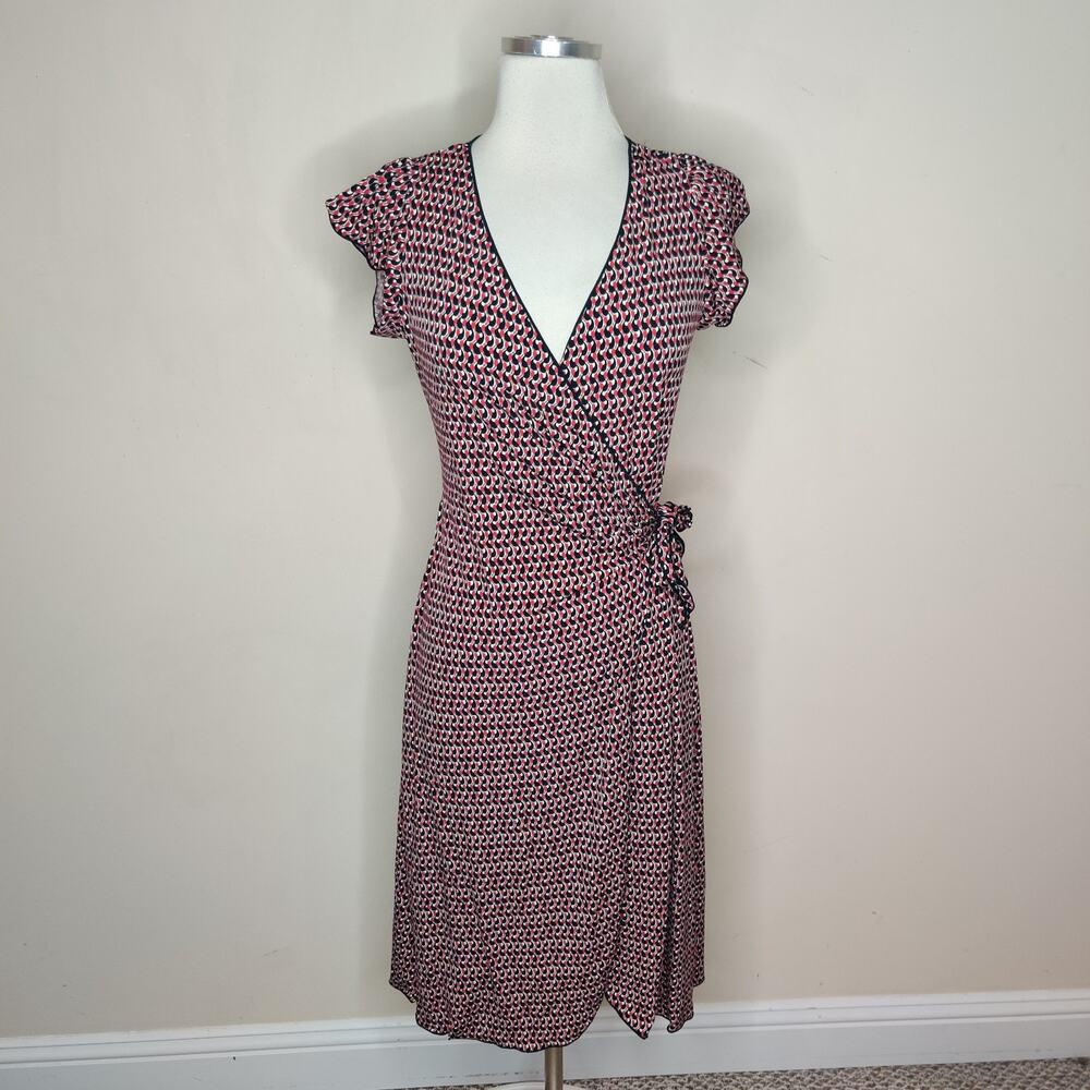 Studio M Wrap Dress Red Black Geometric Cap‎ Sleeve